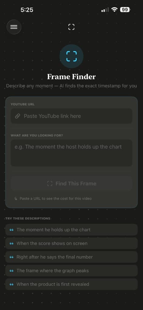 Frame Finder screen for describing a visual moment in a video